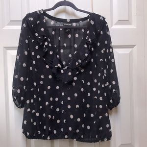 Lane Bryant navy polka dot sheer blouse with elastic waist and cuffs. 18/20 EUC